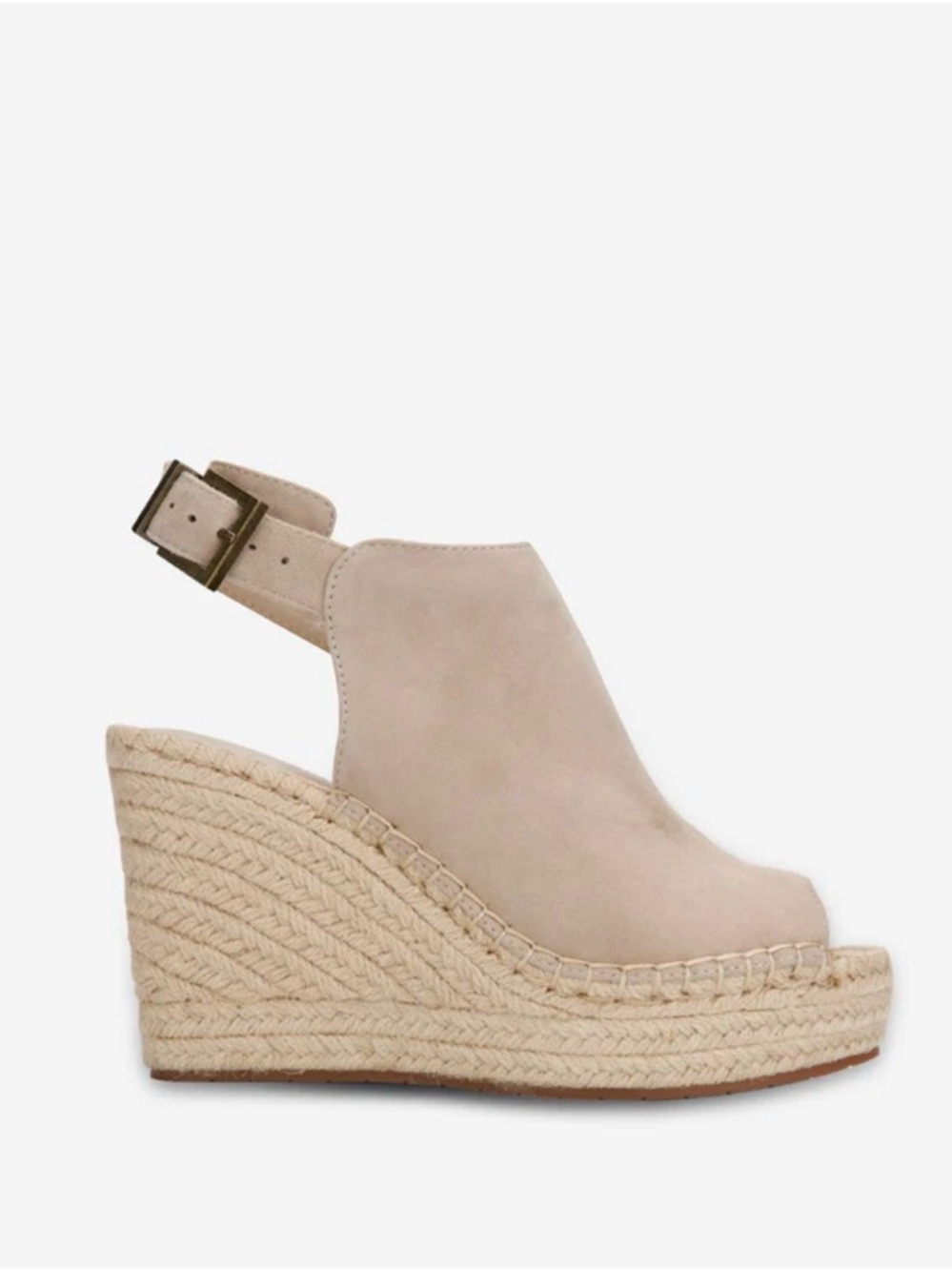 Womens Kenneth Cole Olivia Suede Peep-Toe Wedge Sandals - Almond. Size 8.5.